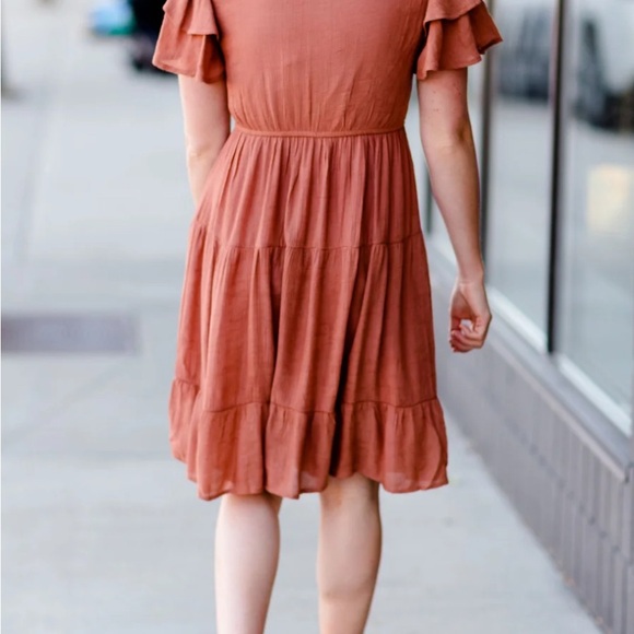 Elegant Ruffled Sleeve Dress in Terracotta - Picture 3 of 4